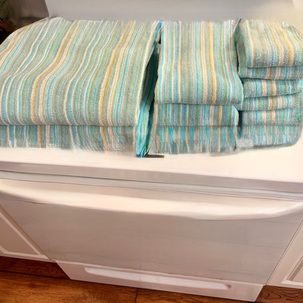 Soho Living Bath Towel Set 9 Piece Blue Green Striped 100% Cotton Coastal
